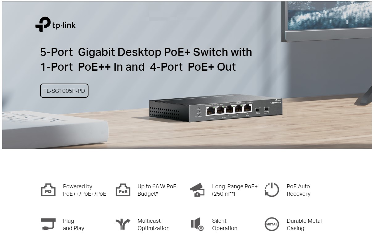 5-портов гигабитов настолен PoE+ комутатор с 1-портов PoE++ вход и 4-портов PoE+изход TP-Link TL-SG1005P-PD-photo 6