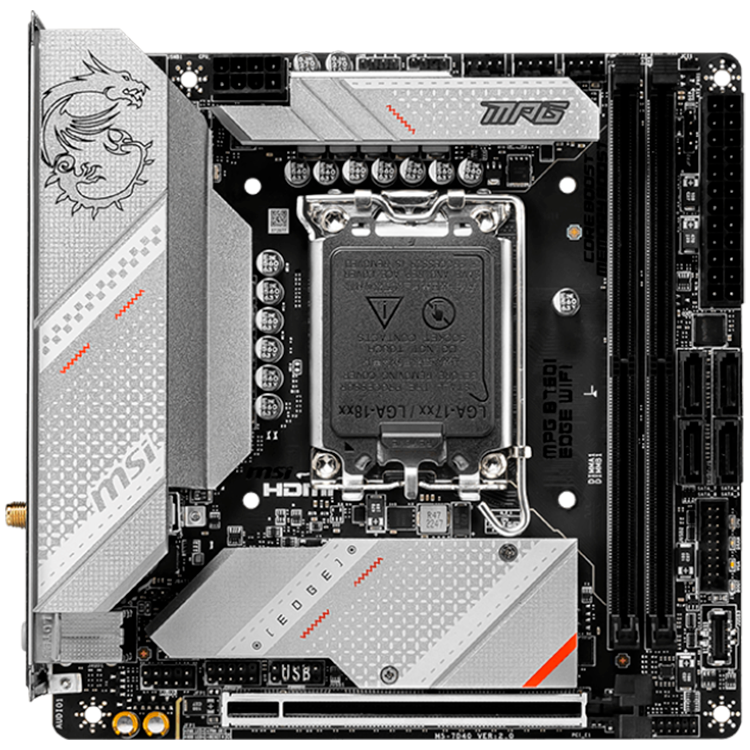 MSI MPG B760I EDGE WIFI , Mini-ITX, LGA 1700, Dual Channel 2xDDR5 7200+(OC)MHz, 1x PCIe x16 slots, 2x M.2 slots, 1x HDMI, 1x DP, 2x USB 3.2 Gen 1, 1x USB 3.2 Gen 2, 2x USB 2.0, Type-C, 7.1 HD Audio, 2.5Gbps LAN, WI-FI 6E, BT, 3Y-photo 1