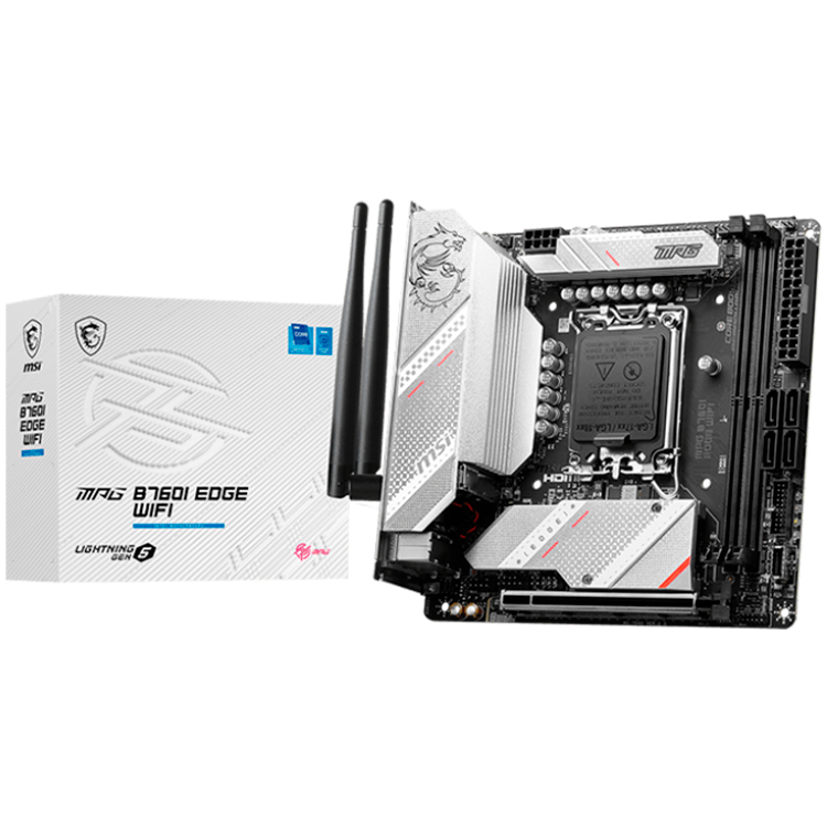 MSI MPG B760I EDGE WIFI , Mini-ITX, LGA 1700, Dual Channel 2xDDR5 7200+(OC)MHz, 1x PCIe x16 slots, 2x M.2 slots, 1x HDMI, 1x DP, 2x USB 3.2 Gen 1, 1x USB 3.2 Gen 2, 2x USB 2.0, Type-C, 7.1 HD Audio, 2.5Gbps LAN, WI-FI 6E, BT, 3Y