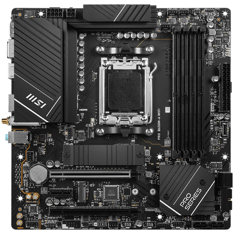 MSI Main Board Desktop PRO B650M-A WIFI (AM5, 4x DDR5, HDMI, DP, 2x PCI-E x16, 2x PCI-E x16, 2x M.2, 4x SATA 6G, 4x USB 2.0, 6x USB 3.2 Gen1 Type A, 4x USB 3.2 Gen2 Type A, 1x USB 3.2 Gen2 Type C, 2.5GLAN, Wi-Fi 6E, BT5.2) mATX-photo 1