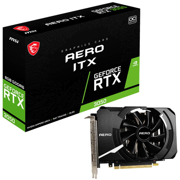 MSI Video Card NVidia GeForce RTX 3050 AERO ITX 8G OC, 8GB GDDR6, 128bit, Effective Memory Clock: 14000MHz, Boost: 1807MHz, 2560 CUDA Cores, PCI-E 4.0 x8, 3x DP, HDMI 2.1, RAY TRACING, 550W Recommended PSU, Backplate, 3Y