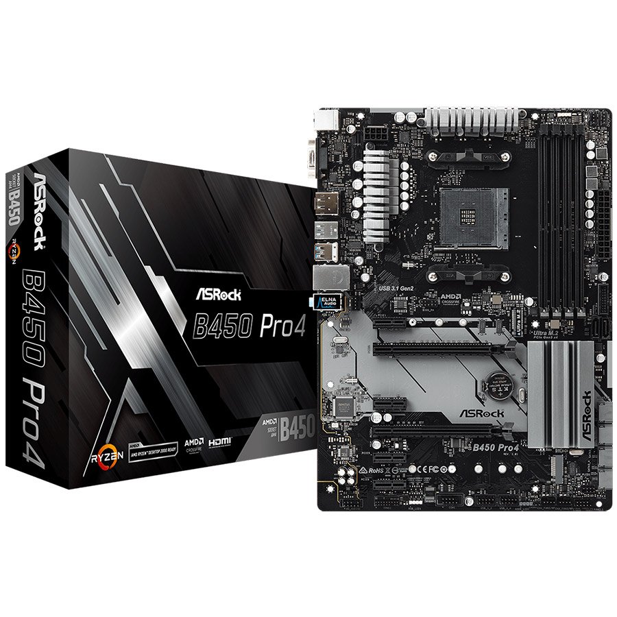 ASROCK Main Board Desktop B450 PRO4 (AM4 B450, 4xDDR4, HDMI/DP/D-Sub, 2 PCIe 3.0 x16, 4 PCIe 2.0 x1, 2xM.2, 6 SATA3, Type -C, 7 USB, 1xCOM Port Header), ATX retail