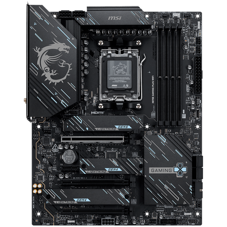 MSI X870E GAMING PLUS WIFI, ATX, Socket AM5, 4x DDR5 Dual Channel DDR5 up to 8200(OC)MHz, 3x PCIe x16 slot, 3x M.2 slot, 4x USB 2.0, 2x USB 5Gbps, 2x USB 10Gbps, 1x 20Gbps Type-C, 1x 40Gbps Type-C, HDMI, 7.1 HD Audio, 5G LAN, WiFI 7, BT, 3Y-photo 1