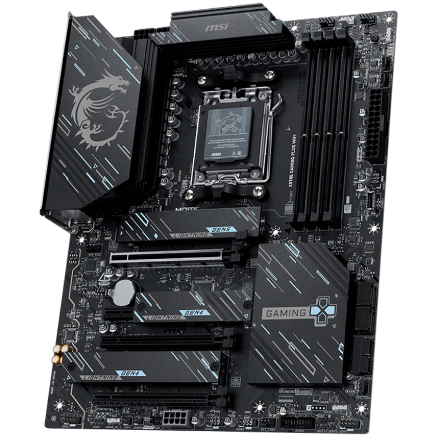MSI X870E GAMING PLUS WIFI, ATX, Socket AM5, 4x DDR5 Dual Channel DDR5 up to 8200(OC)MHz, 3x PCIe x16 slot, 3x M.2 slot, 4x USB 2.0, 2x USB 5Gbps, 2x USB 10Gbps, 1x 20Gbps Type-C, 1x 40Gbps Type-C, HDMI, 7.1 HD Audio, 5G LAN, WiFI 7, BT, 3Y-photo 2