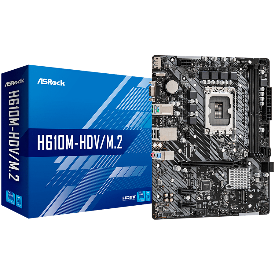 ASROCK Main Board Desktop H610M-HDV/M.2 (S1700, 2x DDR4, 1x PCIe x16, 2x PCIe x1, 4x SATA3 6.0Gb/s, 1x m.2 PCIe, 4x USB 3.2, 5x USB 2.0, 1x Com port header, 1x VGA, 1x HDMI, 1x DP 1.4, 1x GLAN, mATX) Retail