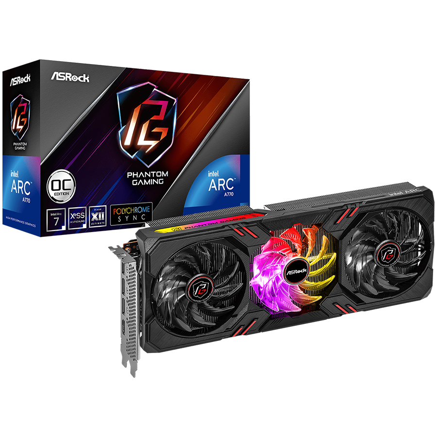 Asrock Intel Arc A770 Phantom Gaming D 8GB OC, 256-bit GDDR6, 1x HDMI 2.1, 3x DisplayPort 2.0, 2x 8-pin Power Connectors, recommended PSU 700W