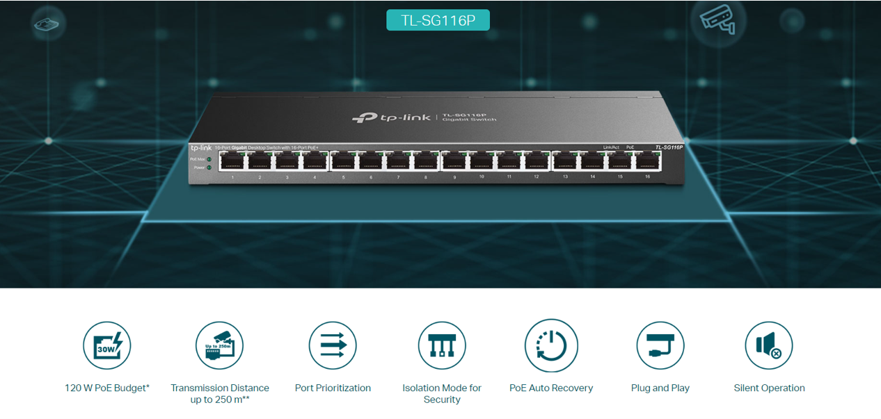 16-портов гигабитов комутатор TP-Link TL-SG116P с 16-портов PoE+-photo 4