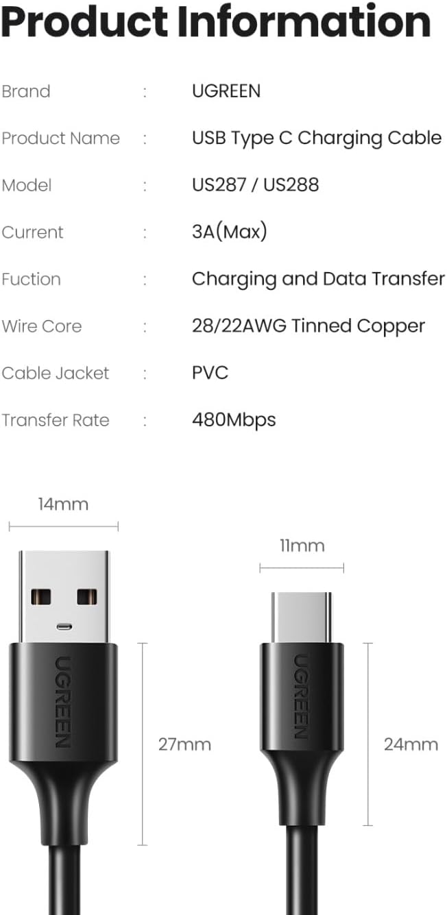 Кабел Ugreen - US287 (60116) USB-A / USB-C – 3A, 1м - черен-photo 6