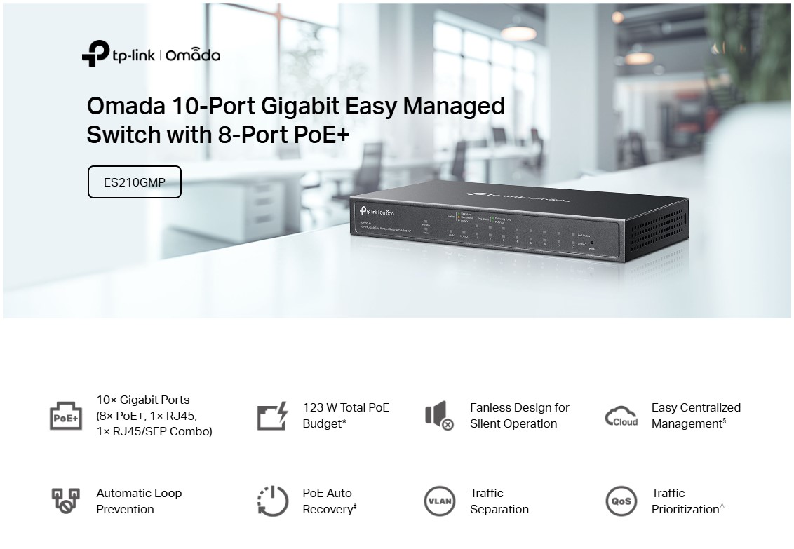 10-портов комутатор TP-Link Omada ES210GMP Gigabit Easy Managed Switch с 8 PoE+ порта-photo 5