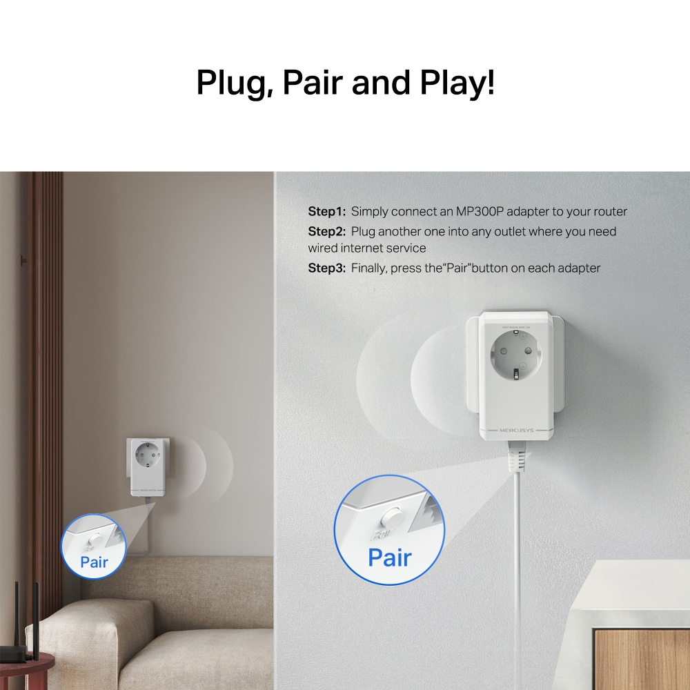 Стартов комплект Passthrough Powerline адаптери Mercusys MP300P KIT AV600-photo 3