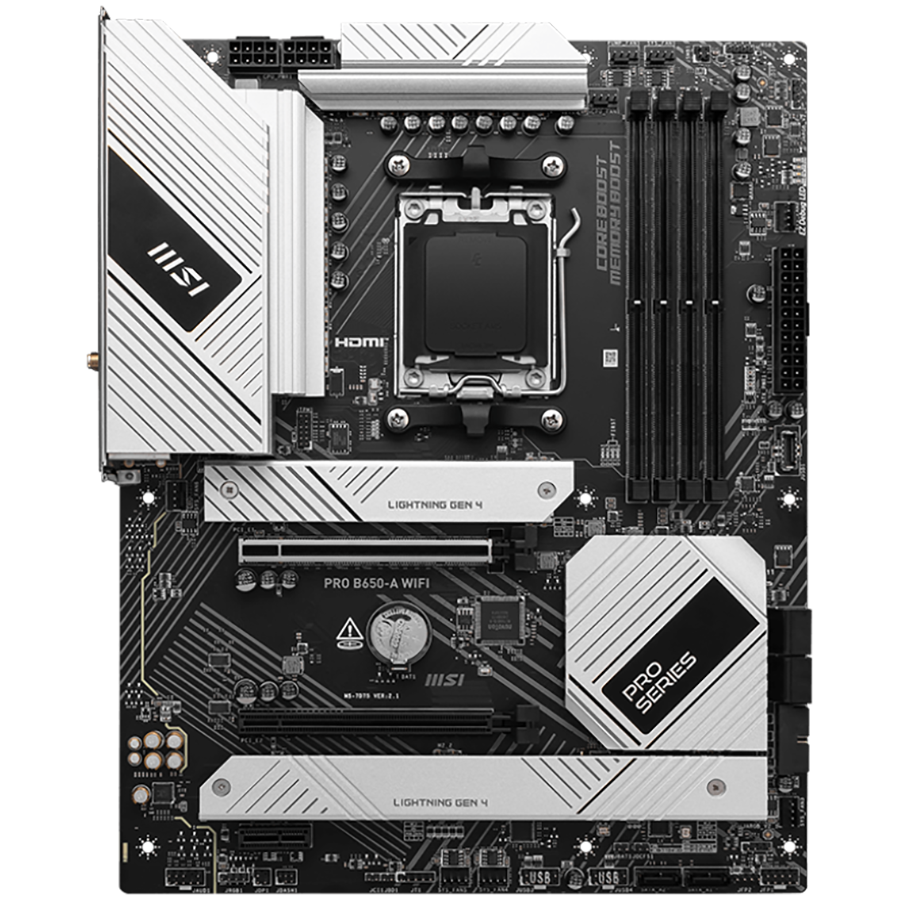 MSI PRO B650-A WIFI, ATX, Socket AM5, Dual Channel DDR5 7600+(OC)MHz, 2x PCIe x16 slot, 3x M.2 slots, 1x HDMI, 1x DP, 2xUSB 2.0, 4xUSB 5Gbps Type A, 3xUSB 10Gbps Type A, 1xUSB 20Gbps Type C, 7.1 HD Audio, 2.5Gbps LAN, Wi-Fi 6E, BT 5.3-photo 1