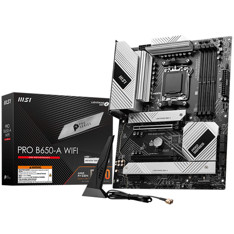 MSI PRO B650-A WIFI, ATX, Socket AM5, Dual Channel DDR5 7600+(OC)MHz, 2x PCIe x16 slot, 3x M.2 slots, 1x HDMI, 1x DP, 2xUSB 2.0, 4xUSB 5Gbps Type A, 3xUSB 10Gbps Type A, 1xUSB 20Gbps Type C, 7.1 HD Audio, 2.5Gbps LAN, Wi-Fi 6E, BT 5.3