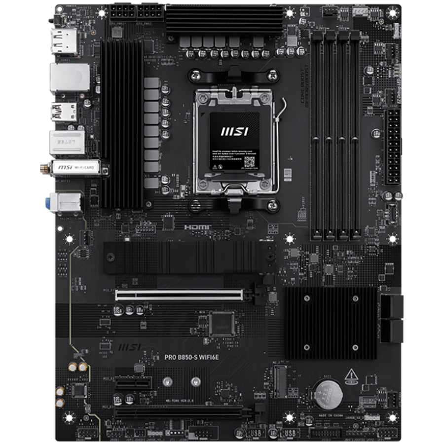 MSI PRO B850-S WIFI6E, ATX, Socket AM5, 4x DDR5 Dual Channel up to 8200(OC)MHz, 2x PCIe x16 slot, 2x M.2 slot, 4x USB 5Gbps, 3x USB 10Gbps, 1x USB 10Gbps Type-C, HDMI, DP, 7.1 HD Audio, 2.5G LAN, WiFI 6E, BT, 3Y-photo 1