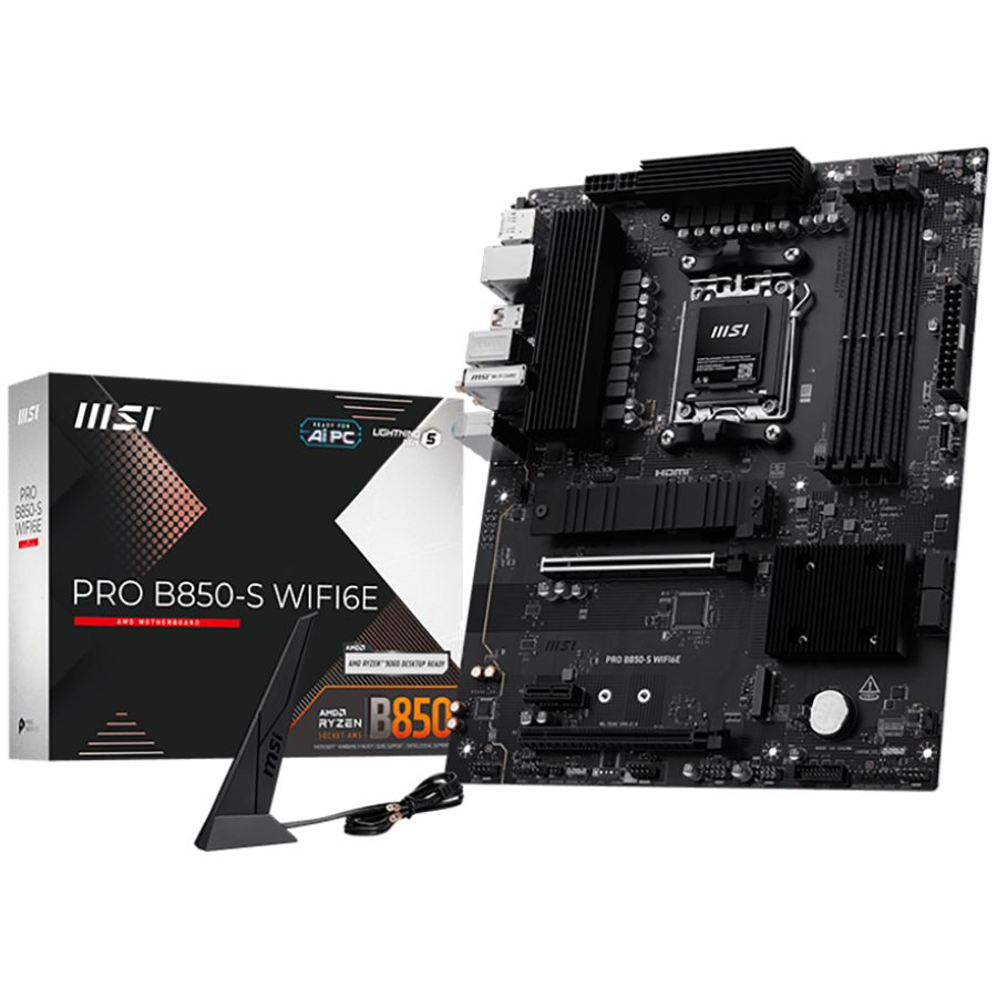 MSI PRO B850-S WIFI6E, ATX, Socket AM5, 4x DDR5 Dual Channel up to 8200(OC)MHz, 2x PCIe x16 slot, 2x M.2 slot, 4x USB 5Gbps, 3x USB 10Gbps, 1x USB 10Gbps Type-C, HDMI, DP, 7.1 HD Audio, 2.5G LAN, WiFI 6E, BT, 3Y