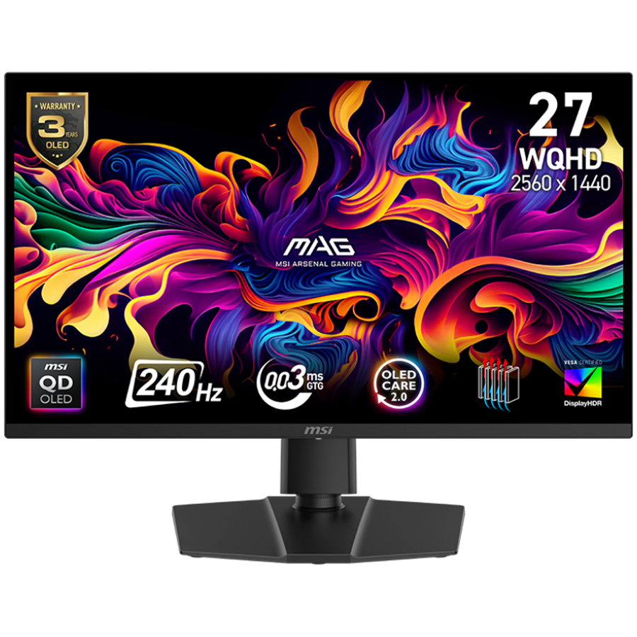 MSI MAG 271QP QD-OLED X24 Gaming Monitor, 26.5" 240Hz, WQHD (2560x1440) 16:9, QD-OLED, 0.03ms, 250nits, 1500000:1, 178/178, Adaptive Sync, Adjustable Stand, 1x DP, 2x HDMI, 1x Type-C, 1x Headphone out, 3Y Warranty