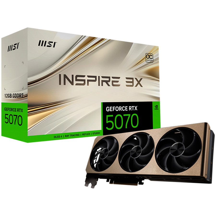 MSI Video Card Nvidia GeForce RTX 5070 12G INSPIRE 3X OC, 12GB GDDR7, 192bit, Effective Memory Clock: 28000MHz, Boost: 2557 MHz, 6144 CUDA Cores, PCIe 5.0, 3x DP 2.1b, HDMI 2.1b, RAY TRACING, Triple Fan, 1x16pin, 650W Recommended PSU, 3Y