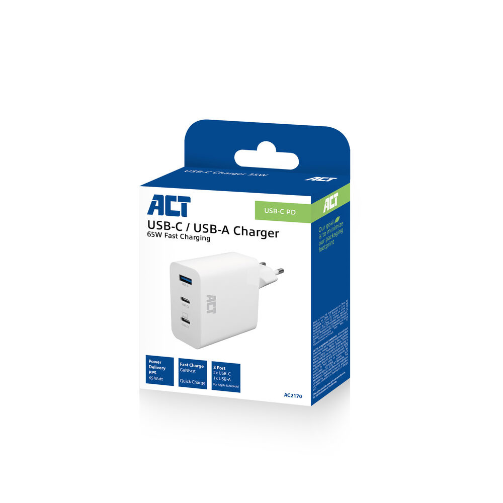 ACT AC2170 зарядно с Power Delivery PPS, GaNFast, QuickCharge – 3 порта, USB-C/USB-A, 65W-photo 5