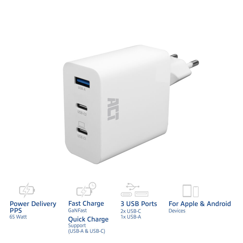 ACT AC2170 зарядно с Power Delivery PPS, GaNFast, QuickCharge – 3 порта, USB-C/USB-A, 65W-photo 6