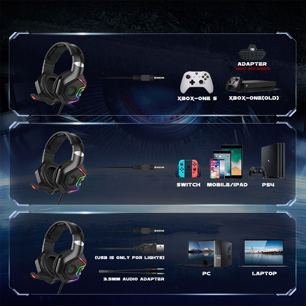 Слушалки Onikuma K10, За компютър, Микрофон, Подсветка, 3.5mm, USB, Черен - 20745-photo 1