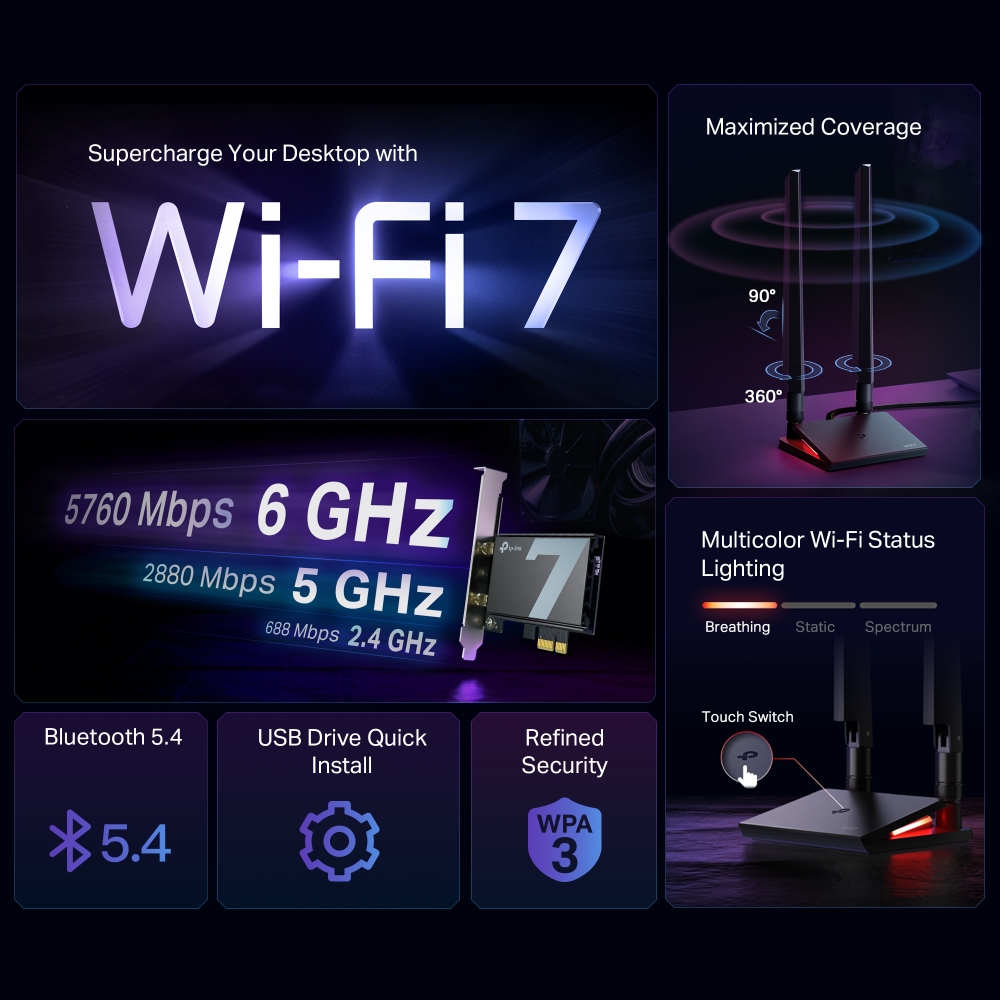 3-лентов Bluetooth 5.4 Wi-Fi 7 PCIe адаптер TP-Link Archer TBE550E BE9300-photo 4