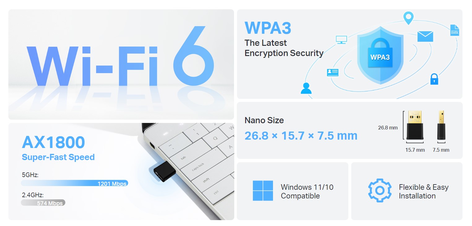 Безжичен USB 2-лентов адаптер TP-Link Archer TX20U Nano AX1800-photo 3