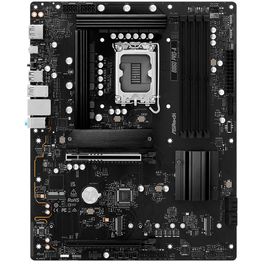 ASROCK MB Desktop B860 PRO-A, S.1851, 4x DDR5, 1x PCIe 5.0 x16, 1x PCIe 4.0 x4, 1x Blazing M.2, 2x Hyper M.2, 4x SATA3, 2x USB-C, 8x USB 3.2, 6x USB 2.0, 1x HDMI, 1x DP, 1x RJ-45 2.5 GB Lan, ATX, 90-MXBRN0-A0UAYZ-photo 1