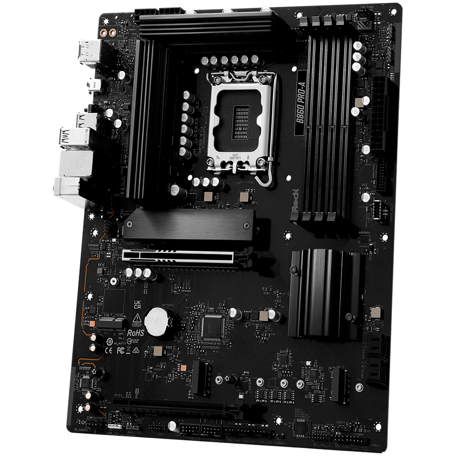 ASROCK MB Desktop B860 PRO-A, S.1851, 4x DDR5, 1x PCIe 5.0 x16, 1x PCIe 4.0 x4, 1x Blazing M.2, 2x Hyper M.2, 4x SATA3, 2x USB-C, 8x USB 3.2, 6x USB 2.0, 1x HDMI, 1x DP, 1x RJ-45 2.5 GB Lan, ATX, 90-MXBRN0-A0UAYZ-photo 2