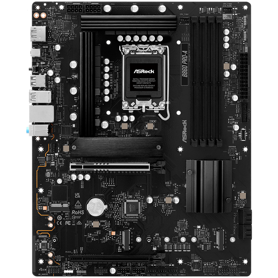 ASROCK MB Desktop B860 PRO-A, S.1851, 4x DDR5, 1x PCIe 5.0 x16, 1x PCIe 4.0 x4, 1x Blazing M.2, 2x Hyper M.2, 4x SATA3, 2x USB-C, 8x USB 3.2, 6x USB 2.0, 1x HDMI, 1x DP, 1x RJ-45 2.5 GB Lan, ATX, 90-MXBRN0-A0UAYZ