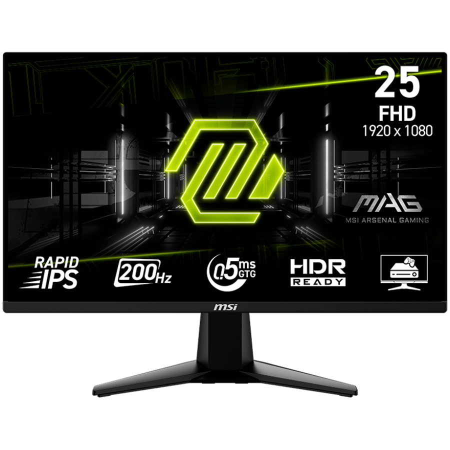 MSI MAG 255F E20, Gaming Monitor, 24.5" 200Hz, FHD (1920x1080) 16:9, Rapid IPS Anti-glare, 0.5ms, 300nits, 1000:1, 178/178, AMD FreeSync Premium, Tilt, 1x DP, 2x HDMI, 1x Headphone-out, 3Y Warranty