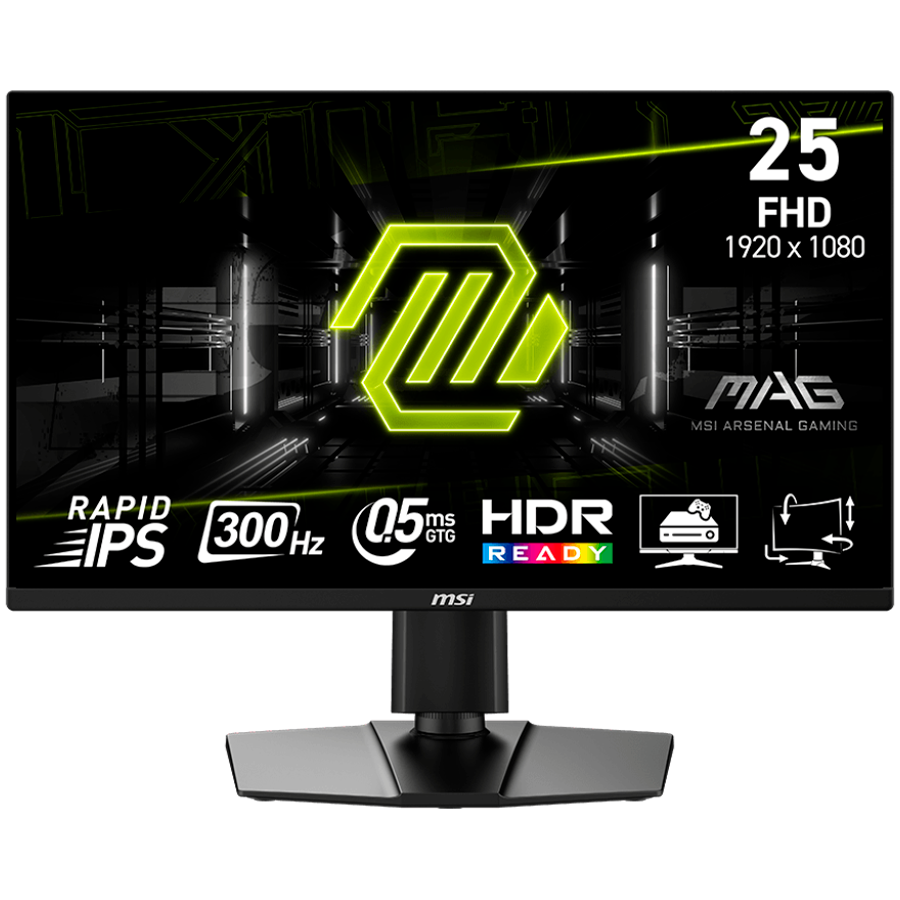 MSI MAG 255PxF, Gaming Monitor, 24.5" 300Hz, FHD (1920x1080) 16:9, Rapid IPS Anti-glare, 0.5ms, 250nits, 1000:1, 178/178, AMD FreeSync Premium, 2x2W Speakers, Adjustable stand, 1x DP, 2x HDMI, 1x Headphone-out, 3Y Warranty