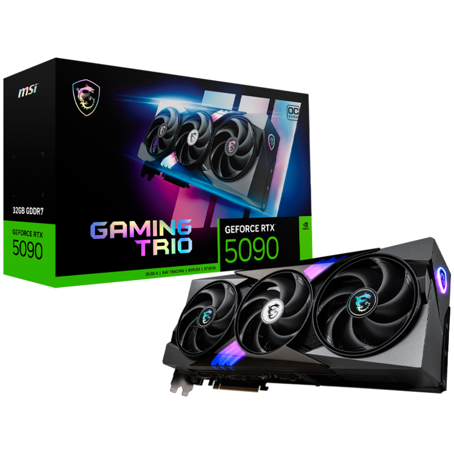 MSI Video Card Nvidia GeForce RTX 5090 32G GAMING TRIO OC, 32GB GDDR7, 512bit, Effective Memory Clock: 28000MHz, Boost: 2482 MHz, 21760 CUDA Cores, PCIe 5.0, 3x DP 2.1b, HDMI 2.1b, RAY TRACING, Triple Fan, 1x16pin, 1000W Recommended PSU, 3Y