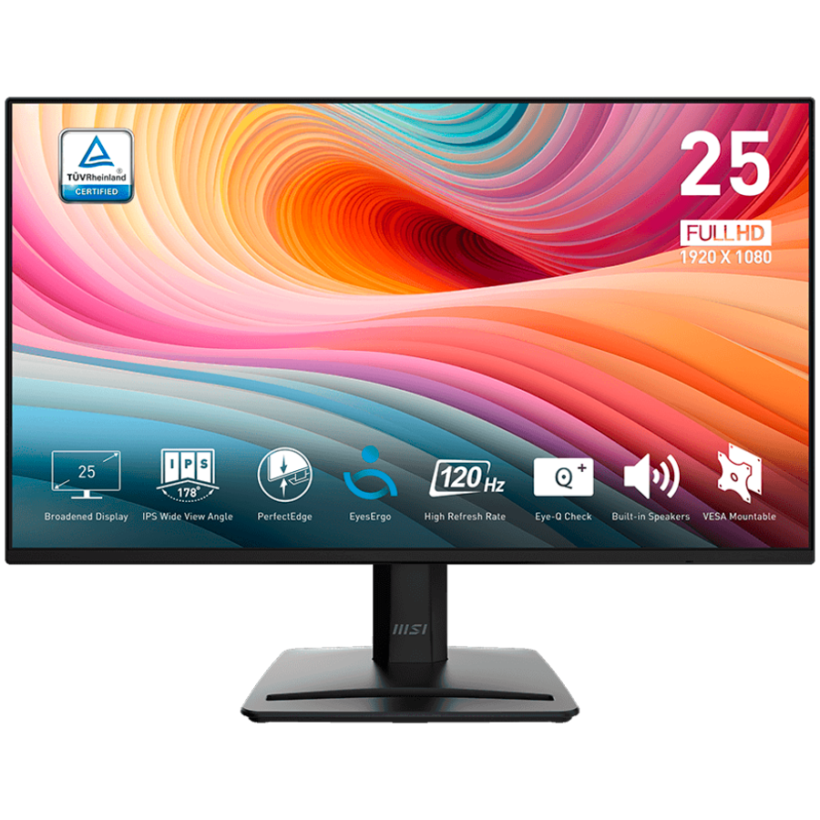 MSI PRO MP252 E2 Professional Business Monitor, 24.5" 120Hz, FHD (1920x1080) 16:9, IPS Anti-glare, 1ms/4ms, 300nits, 1500:1, 178/178, Adaptive-Sync, Tilt, Speakers, 1x HDMI, 1x DP, 1x Headphone-out, 3Y Warranty