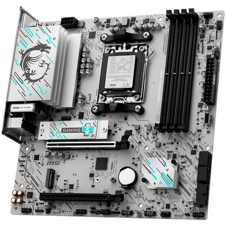 MSI B840M GAMING PLUS WIFI6E, mATX, Socket AM5, 4x DDR5 Dual Channel DDR5 up to 8000(OC)MHz, 2x PCIe x16 slot, 2x M.2 slot, 4x USB 2.0, 2x USB 5Gbps, 1x USB 10Gbps, 1x USB 10Gbps Type-C, HDMI, 7.1 HD Audio, 2.5G LAN, WiFi, BT, 3Y