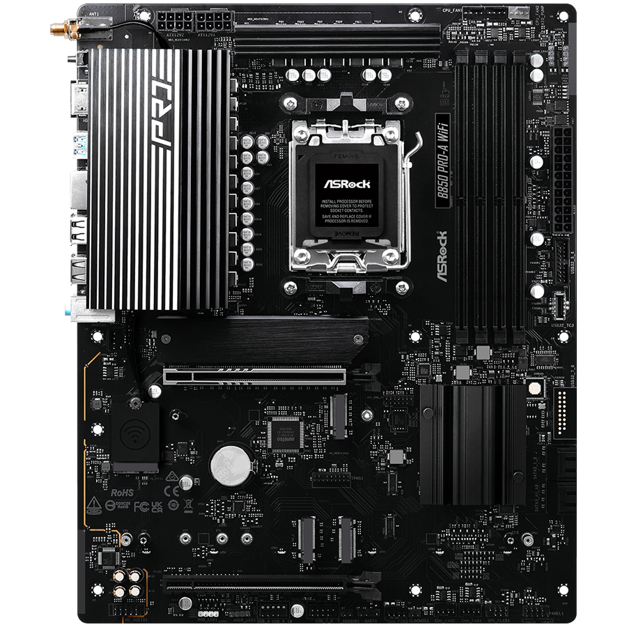 ASROCK Main board AMD B850 AM5, PCIe 5x16, 4x DDR5, 4x M.2, 2x SATA3 6Gb/s, 2.5Gb LAN, 802.11axe, 7.1 Ch audio, ATX