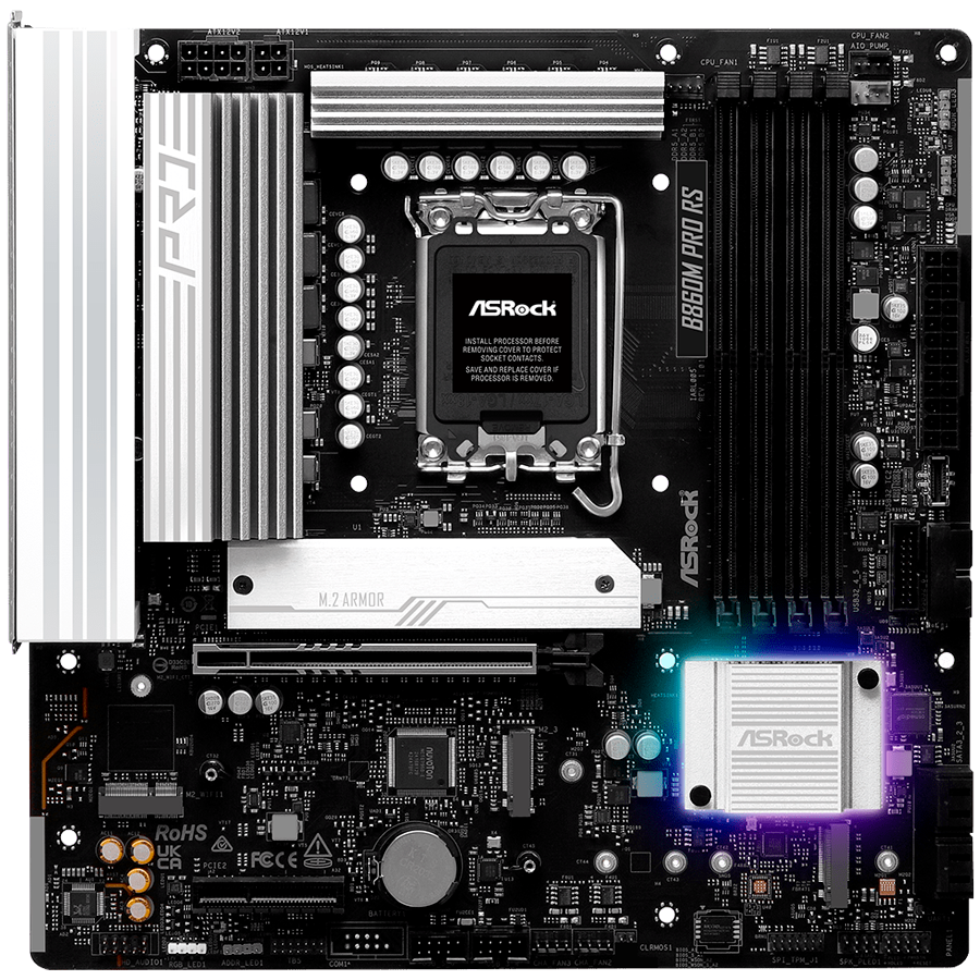 ASROCK MB Desktop B860M Pro Rs, S.1851, 4x DDR5, 1x PCIe 5.0 x16, 1x PCIe 4.0 x4, 1x Blazing M.2, 2x Hyper M.2, 4x SATA3, 2x USB-C, 7x USB 3.2, 6x USB 2.0, 1x RJ-45 2.5GB Lan, 1x HDMI, 1x DP 1.4, mATX
