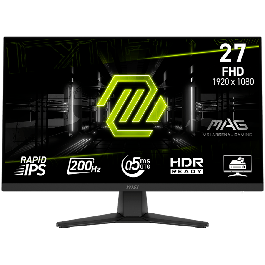 MSI MAG 272F Gaming Monitor, 27" 200Hz, FHD (1920x1080) 16:9, Rapid IPS, 0.5ms, 300nits, 1000:1, 178/178, AMD FreeSync Premium, Tilt, 1x DP, 2x HDMI, 1x Headphone-ou, 3Y Warranty