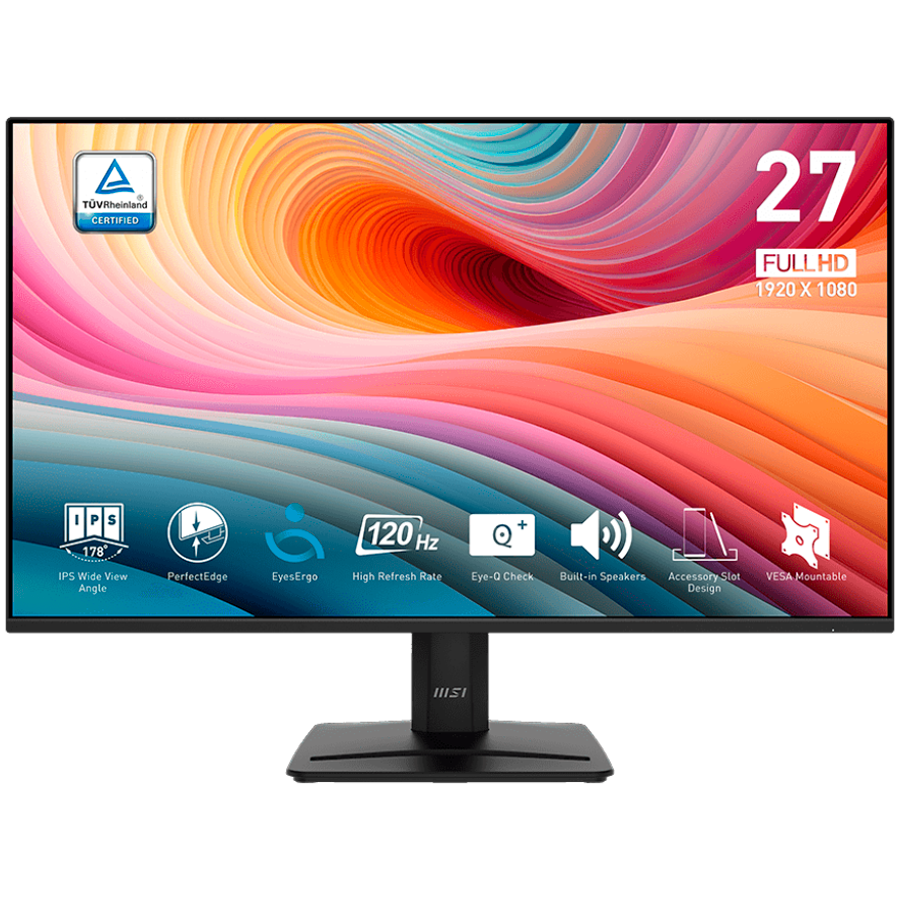 MSI PRO MP275 E2 Professional Business Monitor, 27" 120Hz, FHD (1920x1080) 16:9, IPS Anti-glare, 1ms/4ms, 300nits, 1500:1, 178/178, Adaptive-Sync, HDR Ready, Tilt, Speakers, 1x DP, 1x HDMI, 1x D-Sub, 3Y Warranty