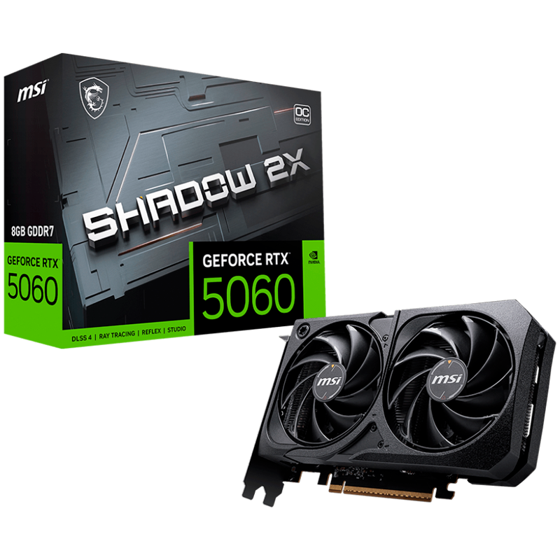 MSI Video Card NVIDIA GeForce RTX 5060 8G SHADOW 2X OC, 8GB GDDR7, 128-bit, 2535 MHz Boost, 3840 CUDA Cores, PCIe 5.0 (x8), 3x DP 2.1b, HDMI 2.1b, RAY TRACING - RTX_5060_8G_SHADOW_2X_OC