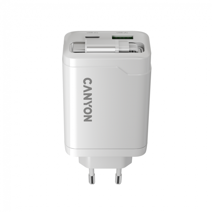 CANYON charger OnCharge 65RC Build-In Cable USB-C 65W 1xPD 1xQC EU White-photo 3