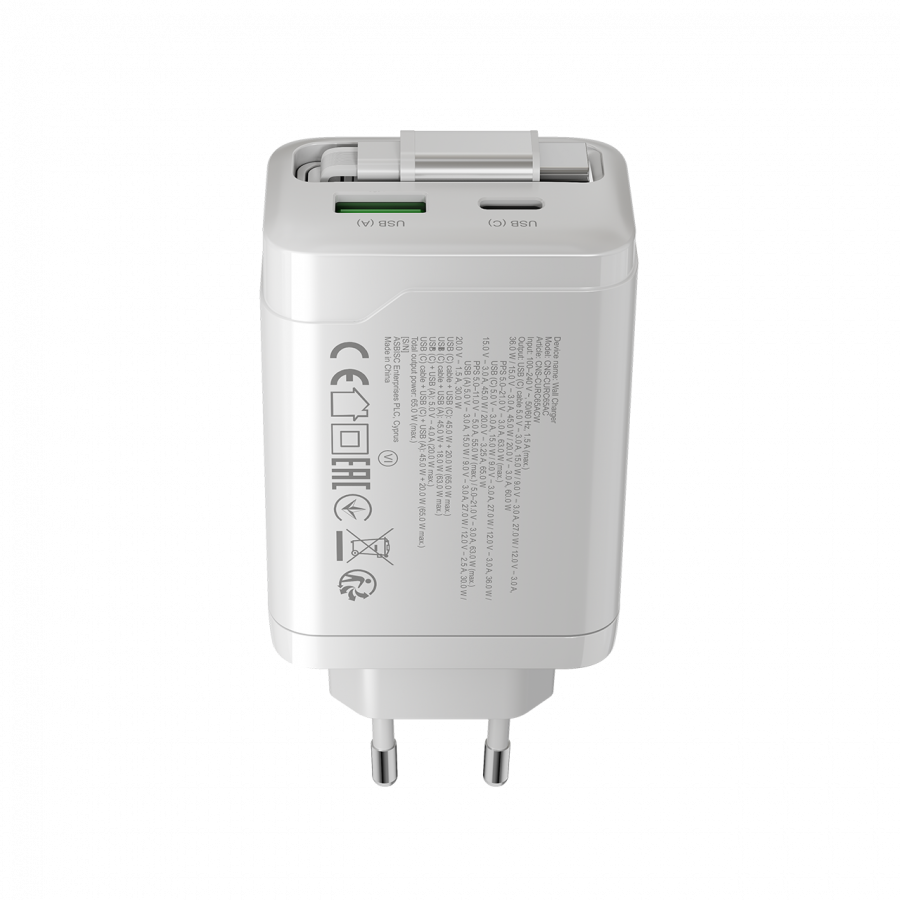 CANYON charger OnCharge 65RC Build-In Cable USB-C 65W 1xPD 1xQC EU White-photo 5