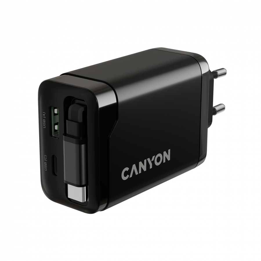 CANYON charger OnCharge 65RC Build-In Cable USB-C 65W 1xPD 1xQC EU Black-photo 6