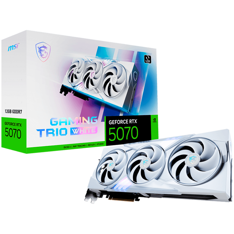 MSI Video Card Nvidia GeForce RTX 5070 12G GAMING TRIO White, 12GB GDDR7, 192bit, Effective Memory Clock: 28000MHz, Boost: 2512 MHz, 6144 CUDA Cores, PCIe 5.0, 3x DP 2.1b, HDMI 2.1b, RAY TRACING, Triple Fan, 1x16pin, 650W Recommended PSU, 3Y