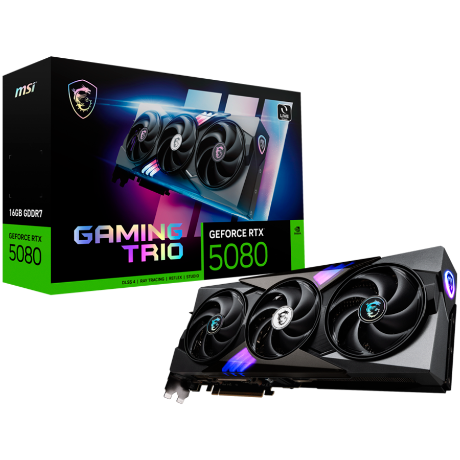 MSI Video Card Nvidia GeForce RTX 5080 16G GAMING TRIO, 16GB GDDR7, 256bit, Effective Memory Clock: 30000MHz, Boost: 2617 MHz, 10752 CUDA Cores, PCIe 5.0, 3x DP 2.1a, HDMI 2.1b, RAY TRACING, Triple Fan, 1x16pin, 850W Recommended PSU, 3Y