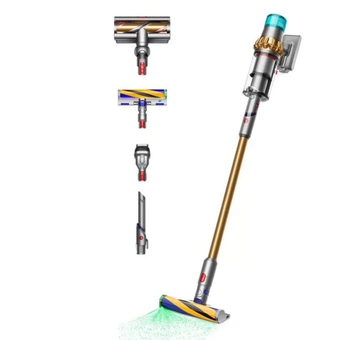 Прахосмукачка Dyson V15 Detect Absolute Gold, вертикална/ръчна, безжична, 0.77 л. капацитет на контейнера, до 60 минути време на работа, HEPA филтър, циклонна технология, 3 режима, сива, 447000-01