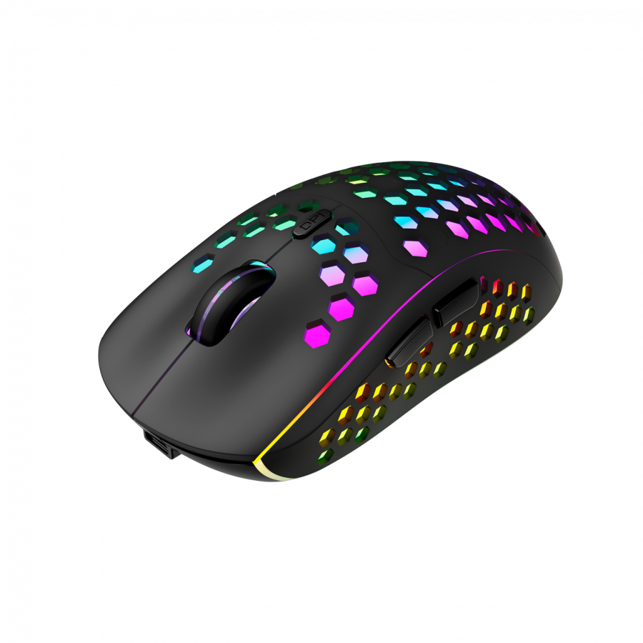 Canyon 7keys Gaming 2.4G wireless mouse, KA8 sensor, DPI up to 1600, rubber coating on panel, Huano 1million switch, 45cm PVC cable, ABS material. 400mAh battery, size: 125.8*63.7*41mm, weight: 95g, Black-photo 1