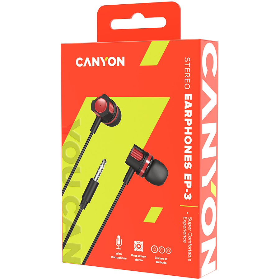 CANYON Stereo earphones with microphone, 1.2M, red - Image 3