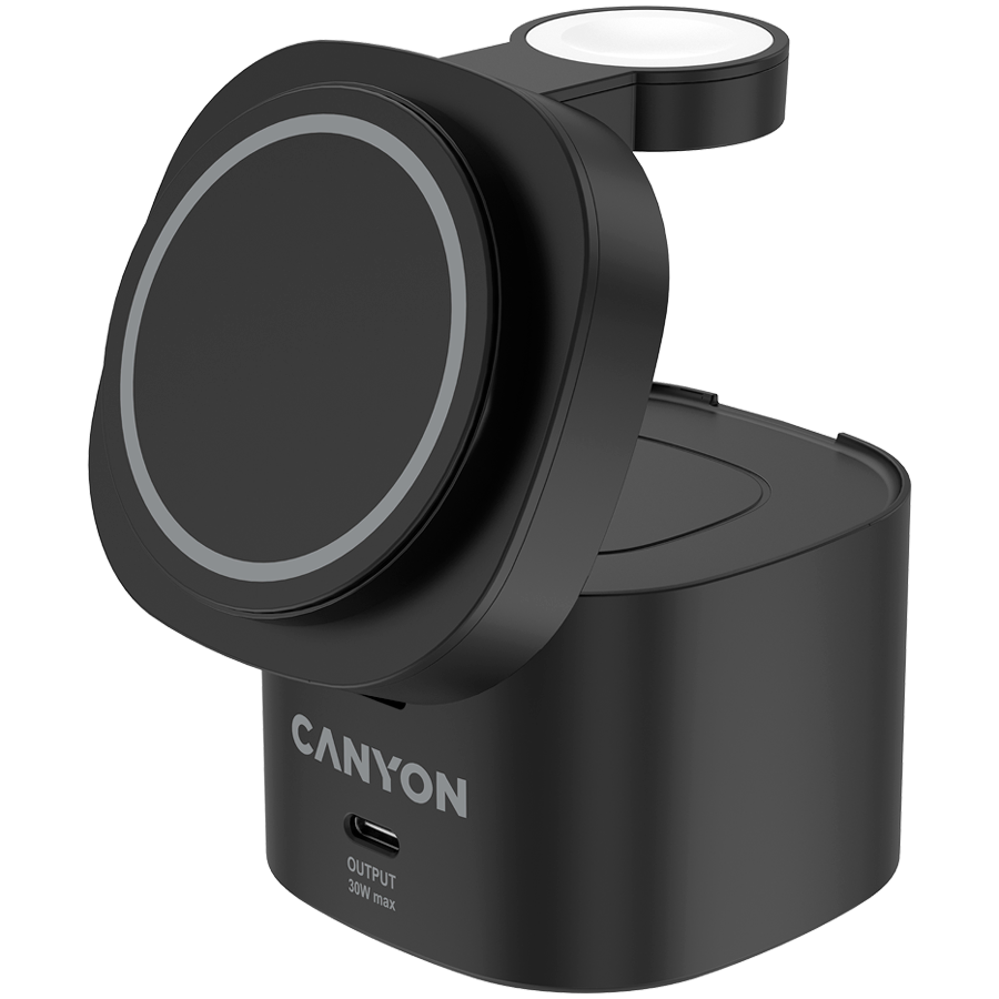 Canyon 4 in 1 Wireless Charging Stand, 30W max, Size: 70x70x70.3mm, weight: 414g, with 65W charger and 1M cable, black-photo 1