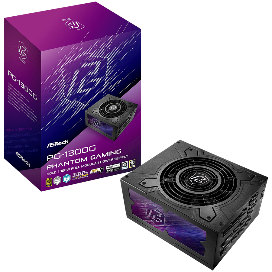 Asrock PG-1300G, 1300W, 80 Plus Gold, Fully Modular PSU, Japanese Capacitors, 2x EPS 12V CPU(4+4pin), 2x PCIe5.1 (12+4pin), 6x PCIe (6+2pin), 3x 4-pin connectors, 9x SATA, OCP, SCP, OVP, UVP, OTP, OPP protections, 135 mm Axial Fan, ATX 3.1