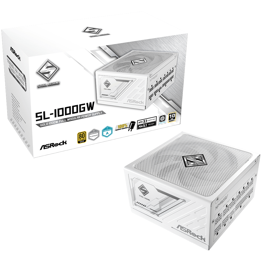 Asrock SL-1000GW, 1000W, 80 Plus GOLD, Fully Modular PSU, Japanese Capacitors, 2x EPS 12V CPU(4+4pin), 1x PCIe5.1 (12+4pin), 3x PCIe (6+2pin), 3x 4-pin connectors, 9x SATA, OCP, SCP, OVP, UVP, OTP, OPP protections, 135 mm Axial Fan, ATX 3.1, White