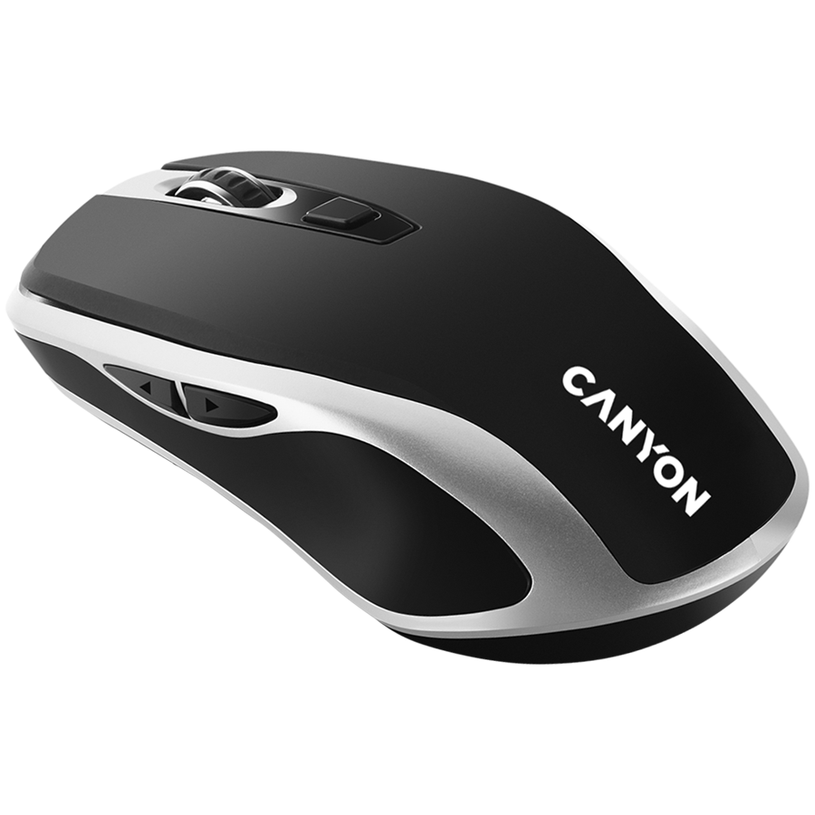 CANYON MW-19, 2.4GHz Wireless Rechargeable Mouse with Pixart sensor, 6keys, Silent switch for right/left keys,Add NTCDPI: 800/1200/1600, Max. usage 50 hours for one time full charged, 300mAh Li-poly battery, Black -Silver, cable length 0.6m, 121*70*39mm, 0.-photo 1